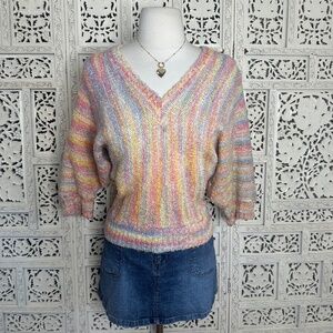 Vtg L'Américaine Pastel Rainbow Chunky Knit V Neck Slouchy Sleeve Sweater Sz S
